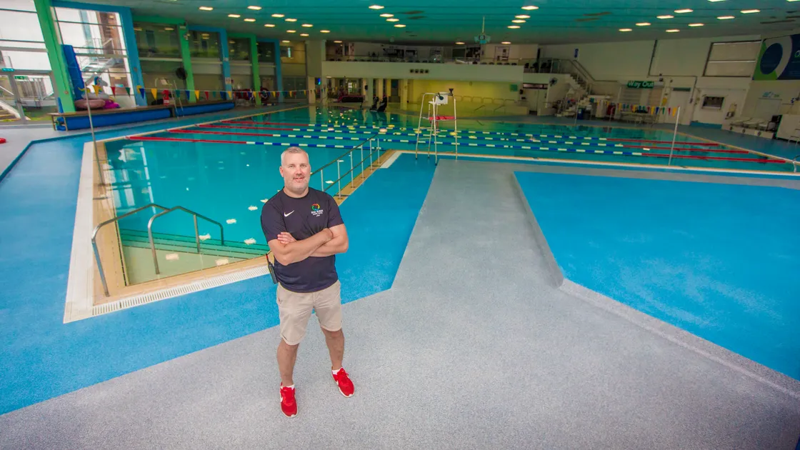 Beau Sejour senior recreation assistant Jan Renouf on the new floor at the leisure centre’s swimming pool. (Picture by Peter Frankland, 31152950)