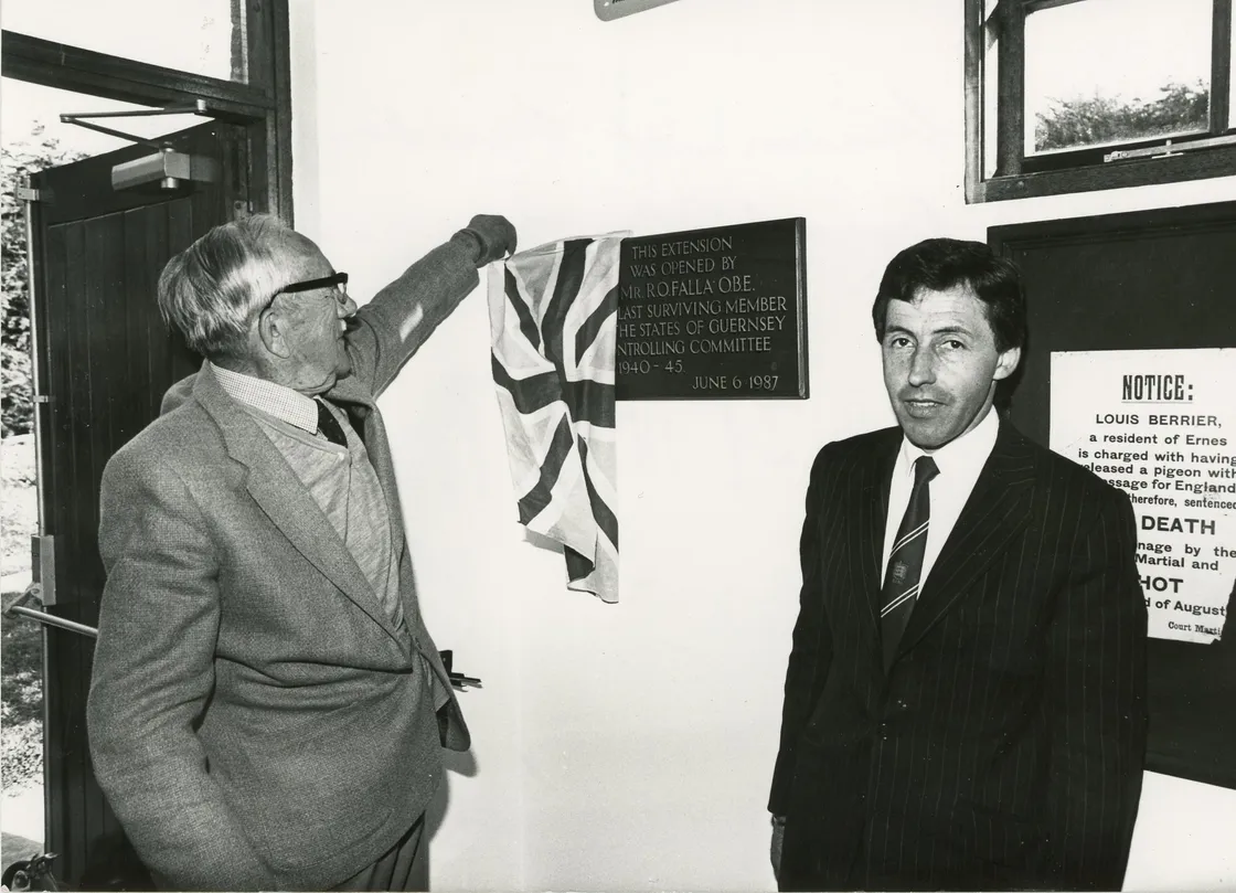 Richard, right, at the opening of the museum’s extension in 1987 with Raymond Falla OBE, who was the last surviving member of the wartime States of Guernsey Controlling Committee. 