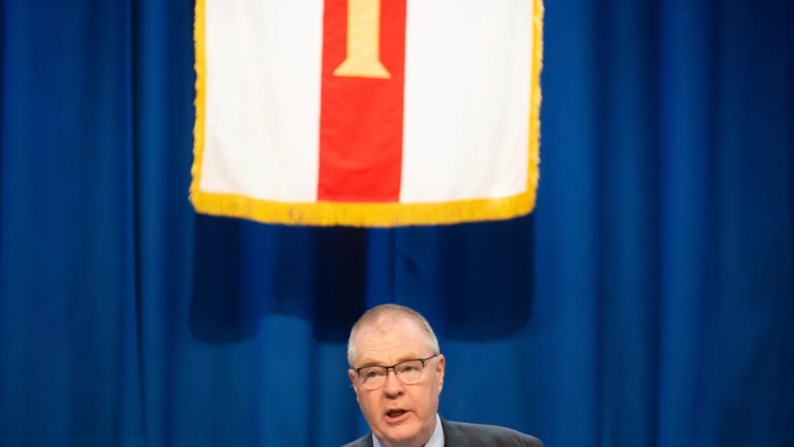 Central returning officer Gordon Snell declaring the results of the 2020 General Election in Guernsey. (Picture by Peter Frankland, 28780140)