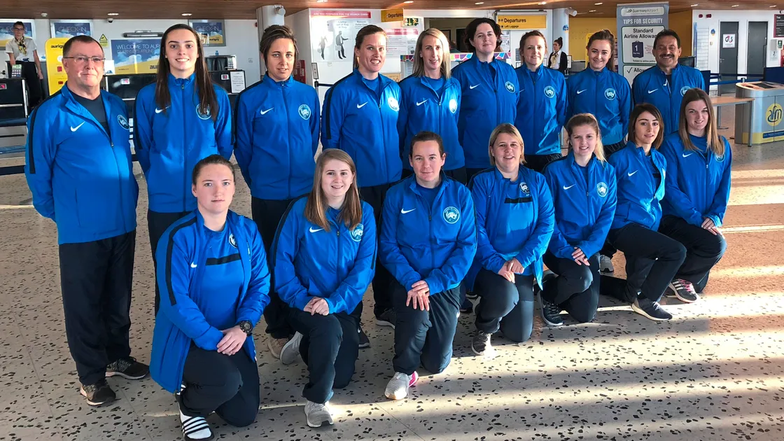 Ormer Ladies heading to their first CI League match in Jersey. Back row:  Brian Horsepool (manager), Alice Hunt, Candice Bougourd, Vicki Rang (capt), Eleanor Holden, Joanne De Mouilpied, Lynsey Strange, Abigail Le Prevost, Jose Alvarez (coach). Front row: Kelly Gorman, Diana Marsden, Sian Butt, Anna Gauvain, Donna Gallienne, Vanessa Brown, Kirstin Laine.  (22901252)