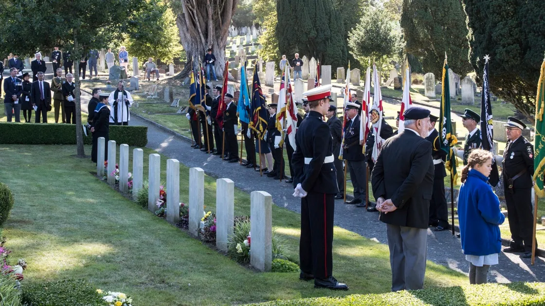 Pic by Adrian Miller 27-09-20 Foulon Cemetery. Remembrance service for H.M.S. Charybdis and H.M.S. Limbourne . (28735077)