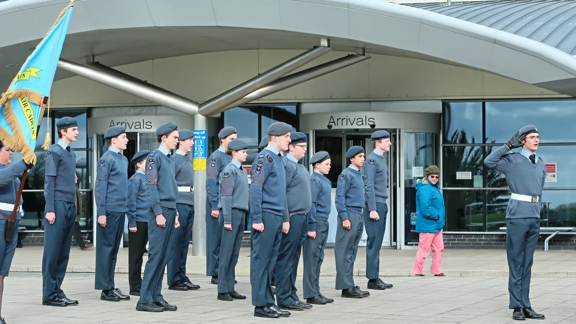 The members of 201 Squadron Overseas Guernsey line up outside the airport terminal before parading to the Allied Aircrew Memorial to mark Air Cadet Sunday.(Picture by Adrian Miller, 20557879)