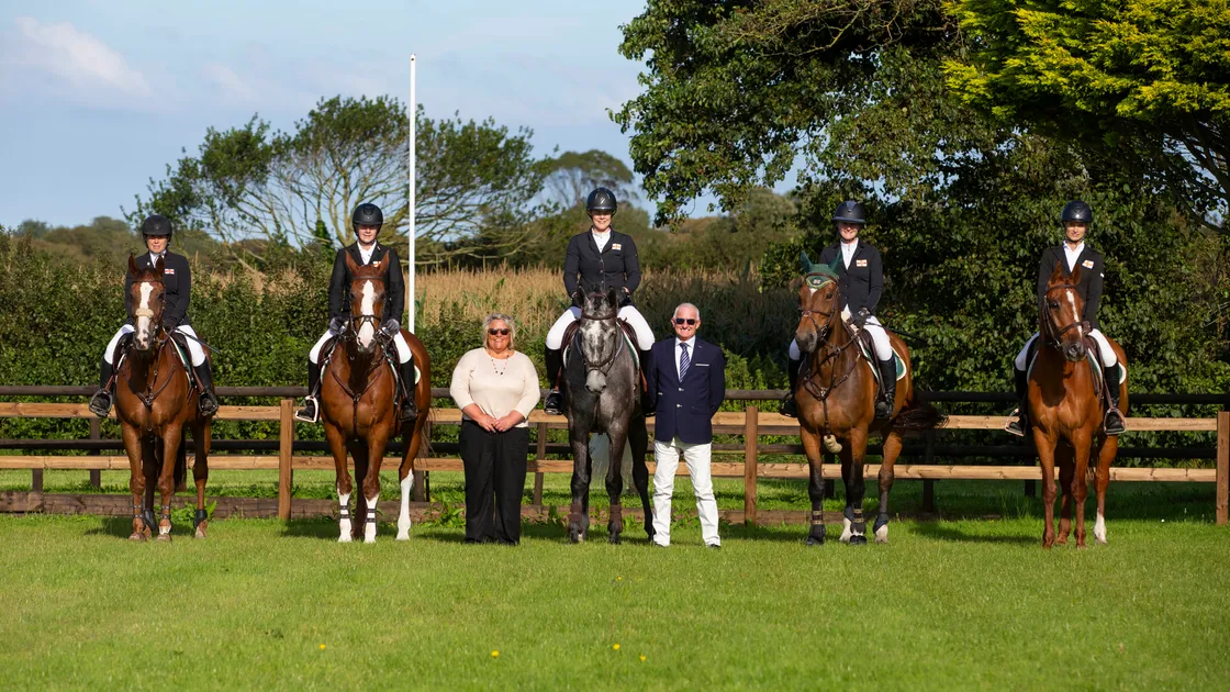 The Guernsey senior team for next week's Horse of the Year Show. The combinations are, left to right: Amy Parnwell, on Company Business, Justin Ogier on Zandokan, Sian Staples on Billy Mont Blanc, Sarah Jackson on Follyfoot Arkadia and Sophie Ephgrave on Jayley. Also pictured are chairman Debbie Ashwell and chef d'equipe Terry Lihou. (Picture by Peter Frankland, 32430620)