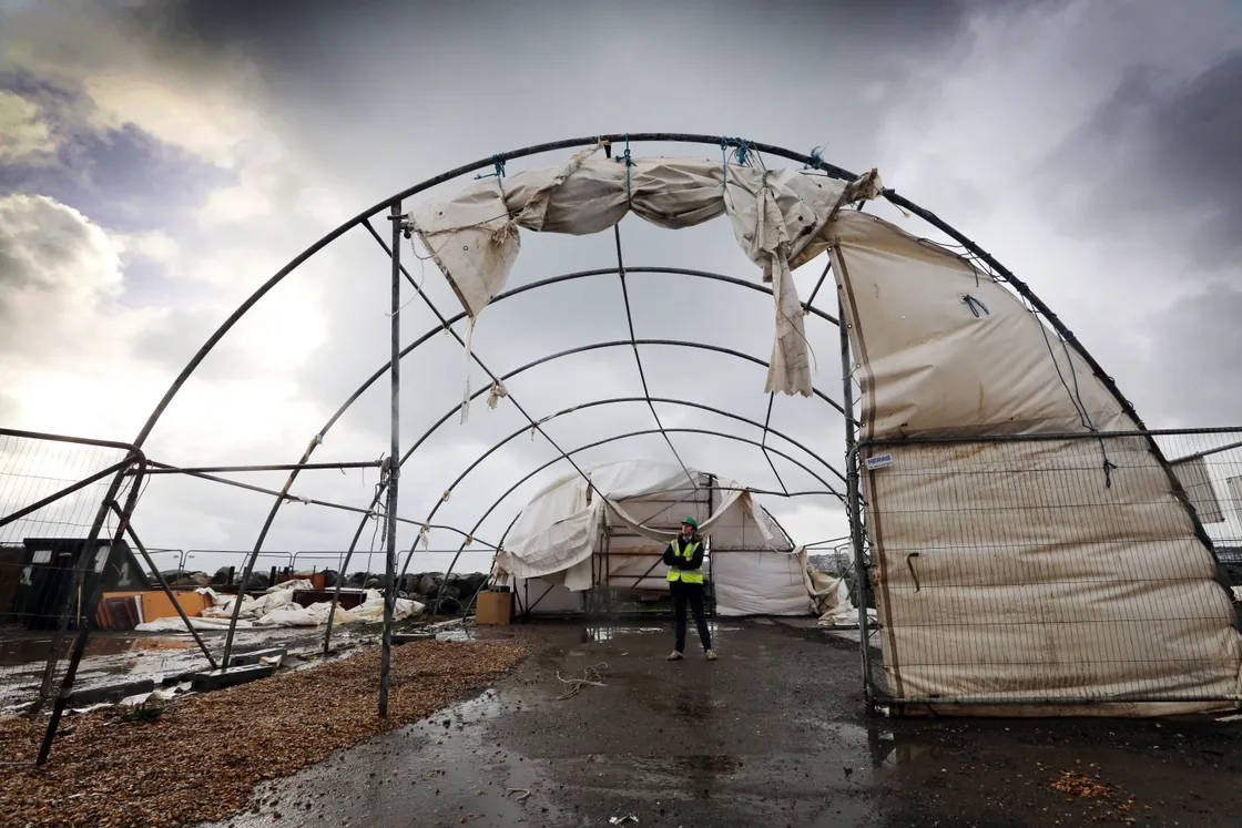 No.7 – Storm Angus tore apart this recycling tent at Longue Hougue in 2016, which was inspected the following morning by waste prevention and recycling officer Ben Henry