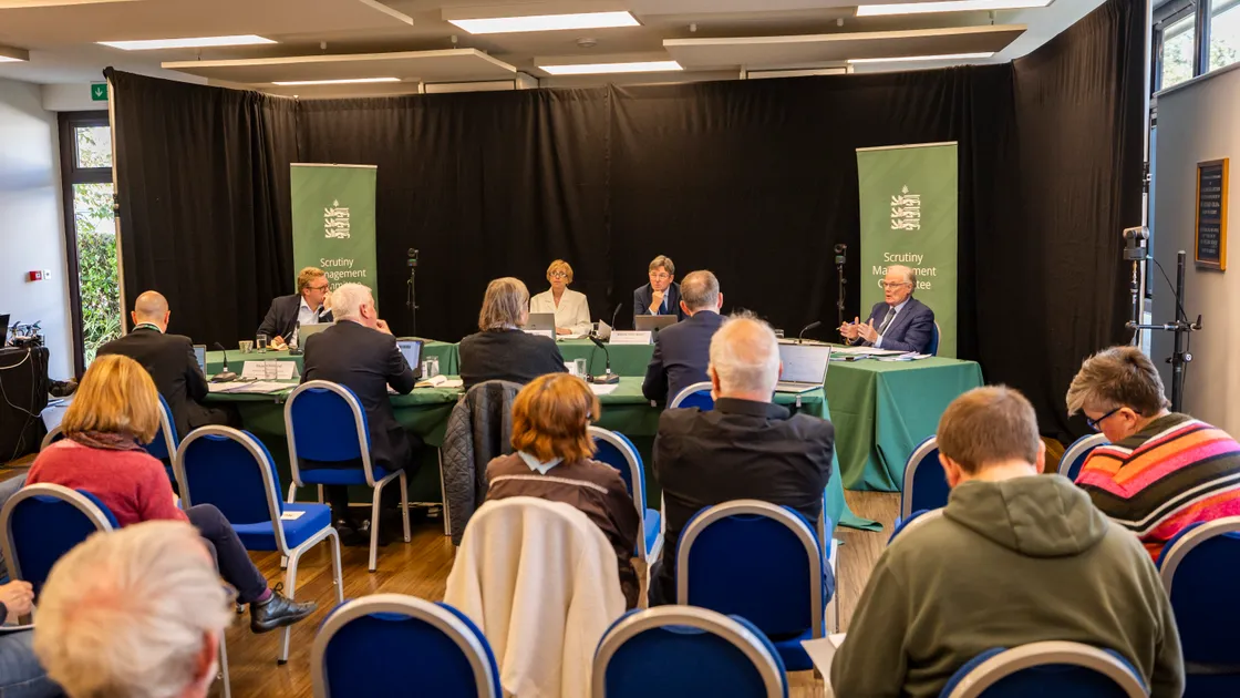 The Scrutiny Management Committee's public hearing with the Policy & Resources Committee focused on the Budget, to be debated by the States next week.  (Picture by Sophie Rabey, 35000000)