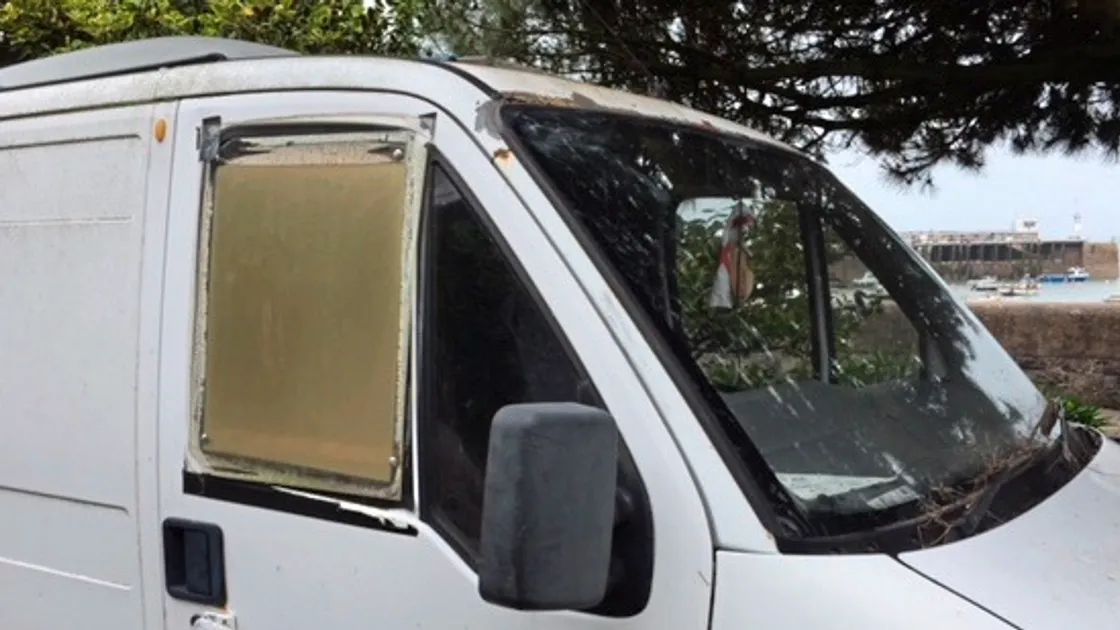 Trust Ford’s Channel Islands general manager Jonathan Bell was shocked when he came upon this Transit van with a piece of wood standing in for the driver’s window.