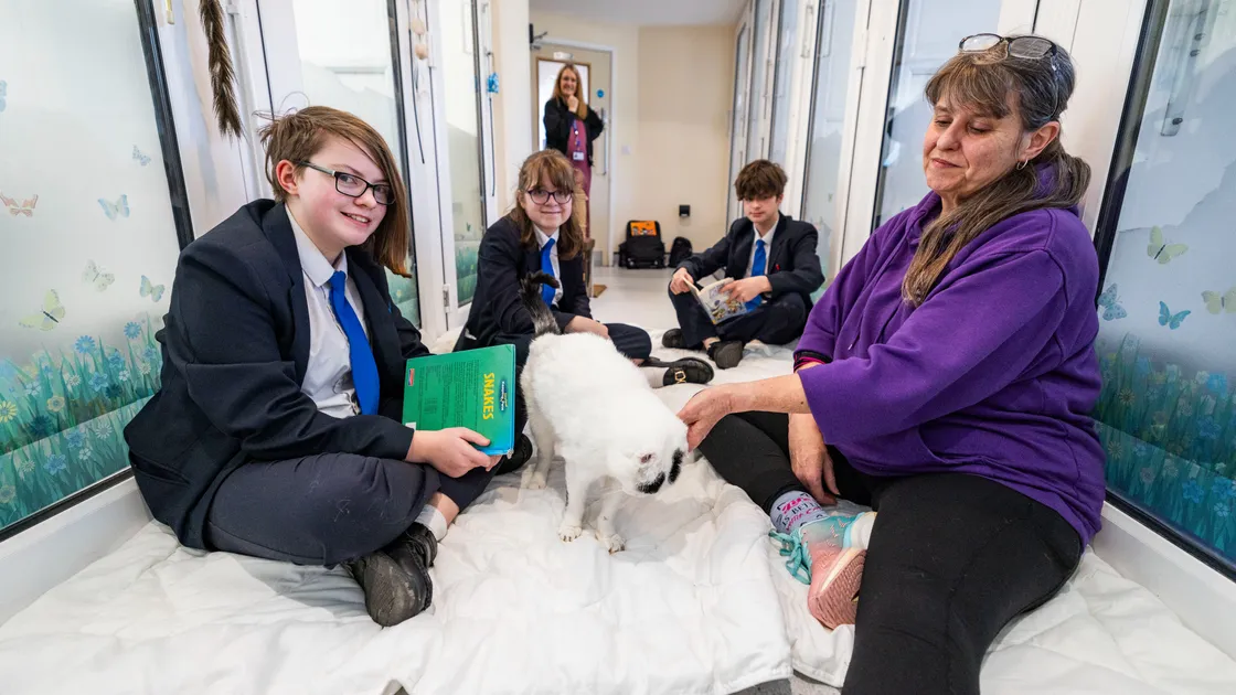 Three pupils from Les Beaucamps High School visited the GSPCA to read to cats yesterday. Left to right, Edna McGahy, Neva Longson, and Marley Da Silva, with Anna Paint, head of the cattery at the GSPCA and Mr B the cat. (Picture by Sophie Rabey, 34675324)
