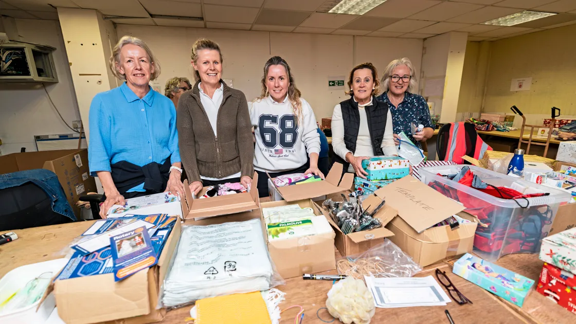 Boxing clever for the Rotary Guernesiais shoebox appeal at Breton before the collection ends this weekend were Lady Cripwell, left, and a team from Government House, from left, Claire Gray, Jenny De Sousa, Maria Freitas and Vanessa Wakeford