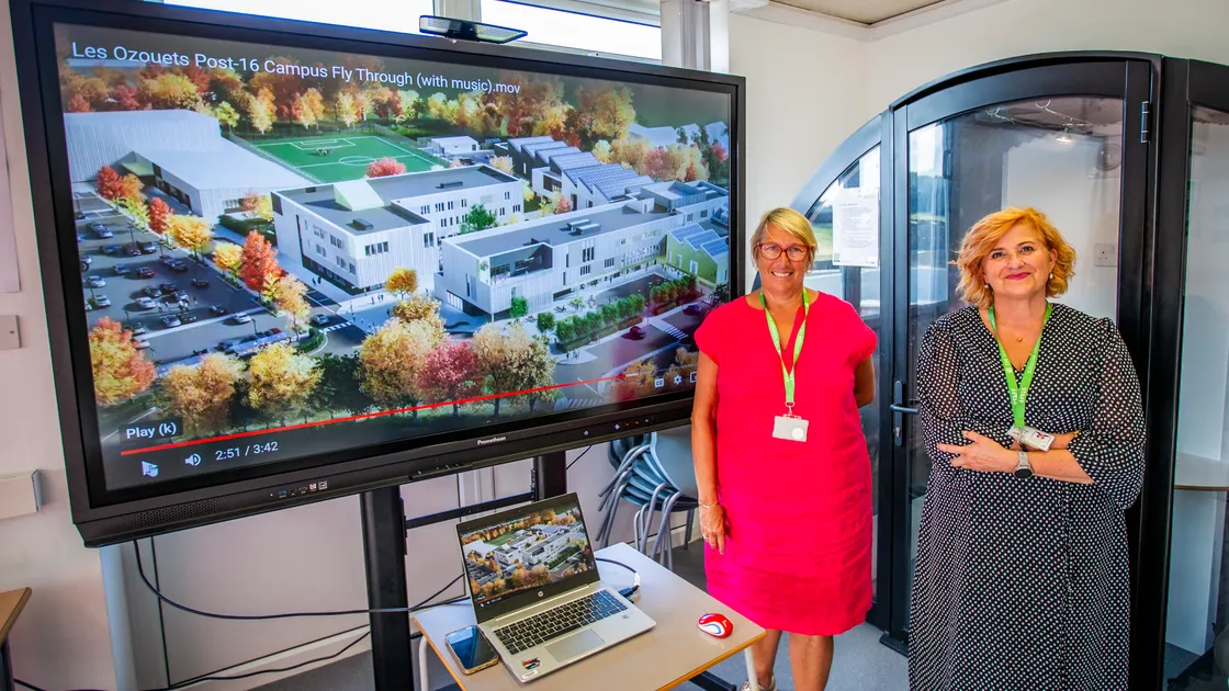 Jacki Hughes, executive principal at The Guernsey Institute, left, and principal Dr Louise Misselke, looking at a video render of plans showing the future of post-16 education at Les Ozouets campus. The event was staged by the douzaines of Castel and St Peter Port. (Picture by Sophie Rabey, 32494483)