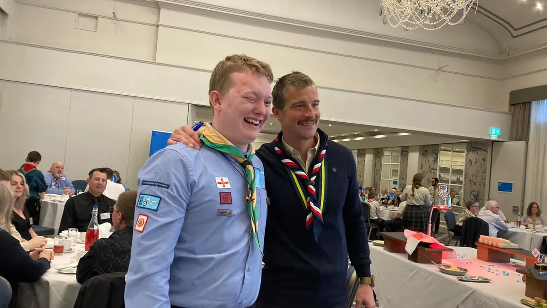 A proud moment for Jonathan Charmley, left, the recipient of Scouting’s Cornwell Badge for heroism, who took afternoon tea with Chief Scout Bear Grylls at the Scouts’ National Day of Celebration & Recognition at Windsor Castle.