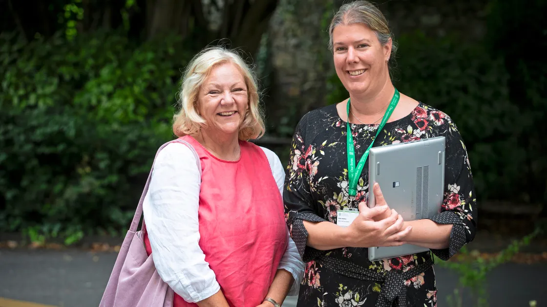 Frances Stopher, left, who came third in the latest Household Expenditure Survey prize draw and Helen Walton, head of the data and analysis department at the States. (Picture by Peter Frankland, 33493072)