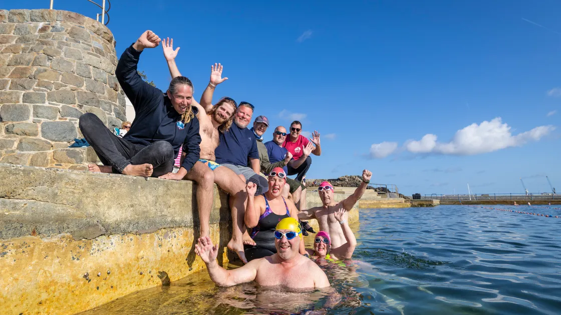 The group of 10 swimmers covered more than 100km in the Ladies’ Pool at La Vallette. In the water, left to right: Mark Bauer, Emma Williamson, Amanda Bowden and John Bauer. Poolside: Chloe McCardel, Guillaume Le Loher, Justin Meades, Terry Wallhead, Mark Ransom and Richard Pearce. 