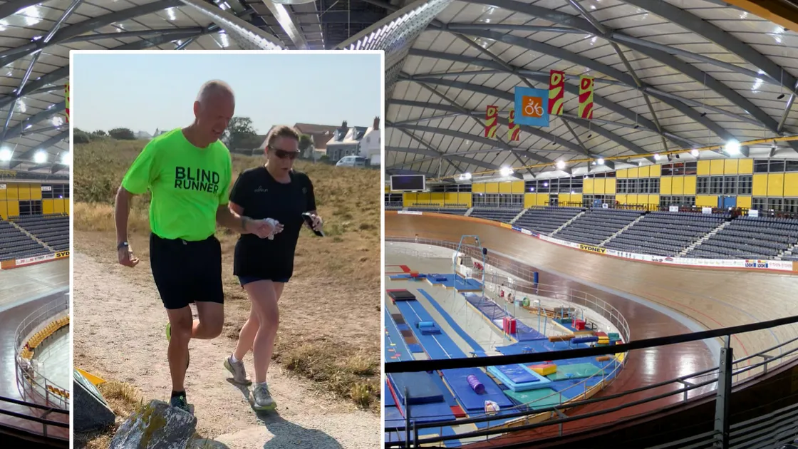 Rob Allen and Angela Calnan on their second and final lap around the L’Ancresse course of Guernsey parkrun... and The Dunc Gray Velodrome, where Rob won his silver medal at the Sydney 2000 Paralympics.