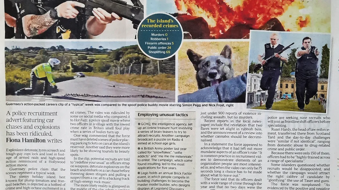 The Times compared the video to the action comedy film Hot Fuzz, starring Simon Pegg and Nick Frost, and illustrated the story, which filled most of Page 3, with stills from the Guernsey Police video and a graphic showing the island’s crime figures.