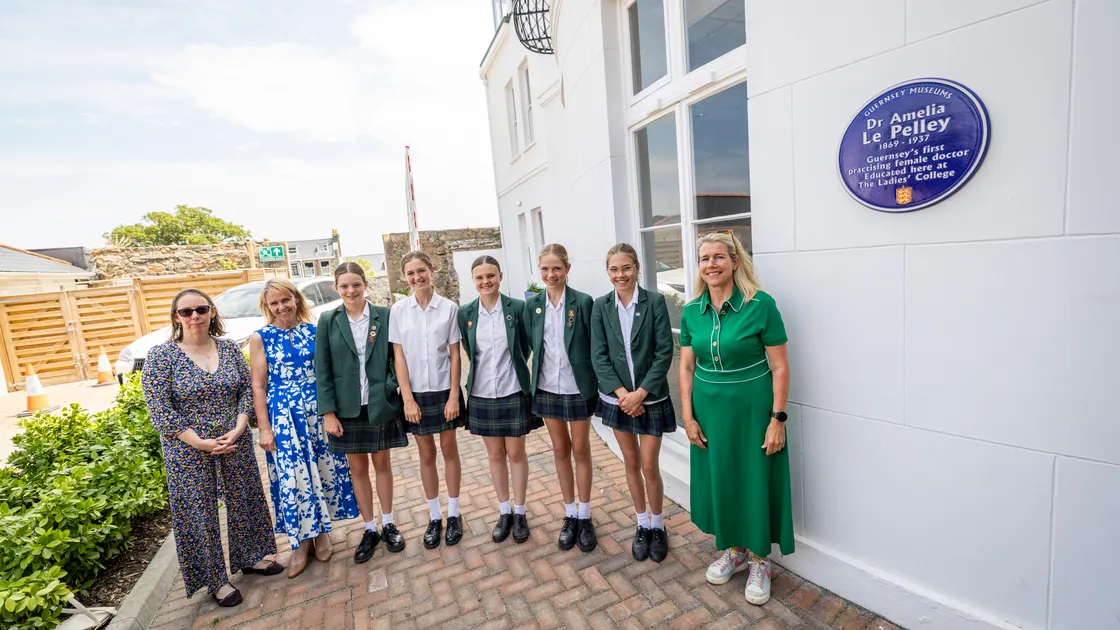 Left to right: Former head of history at The Ladies’ College Bronwyn Henderson, vice-principal Morag Herring, students Tabitha Cunningham, Silvia Glencross, Lily Ward, Flora Callewaert and Jeannie Little, and Deputy Bailiff Jessica Roland at the unveiling of the blue plaque.