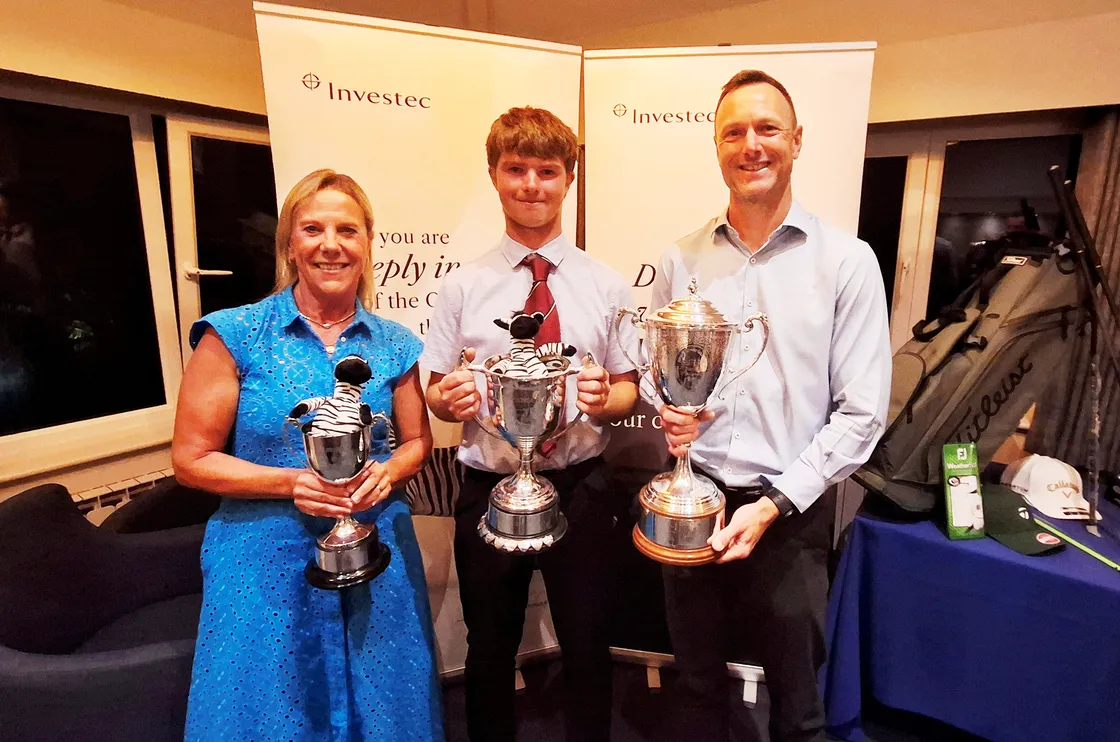 Left to right: Stableford winner Dee Relph, UV Trophy winner Gus Carre and Investec Trophy winner Danny Blondel.