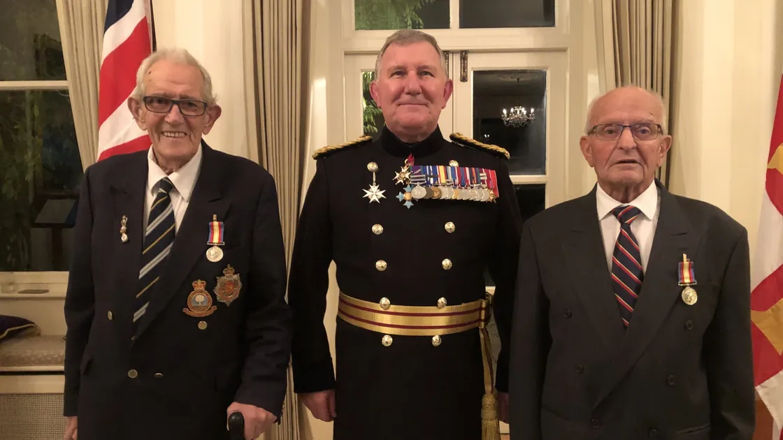Lt-Governor Lt General Richard Cripwell presented Gerry Robert, left, and Henry Torode with Nuclear Test Medals at Government House. (Picture by Andy Brown, 32764061)