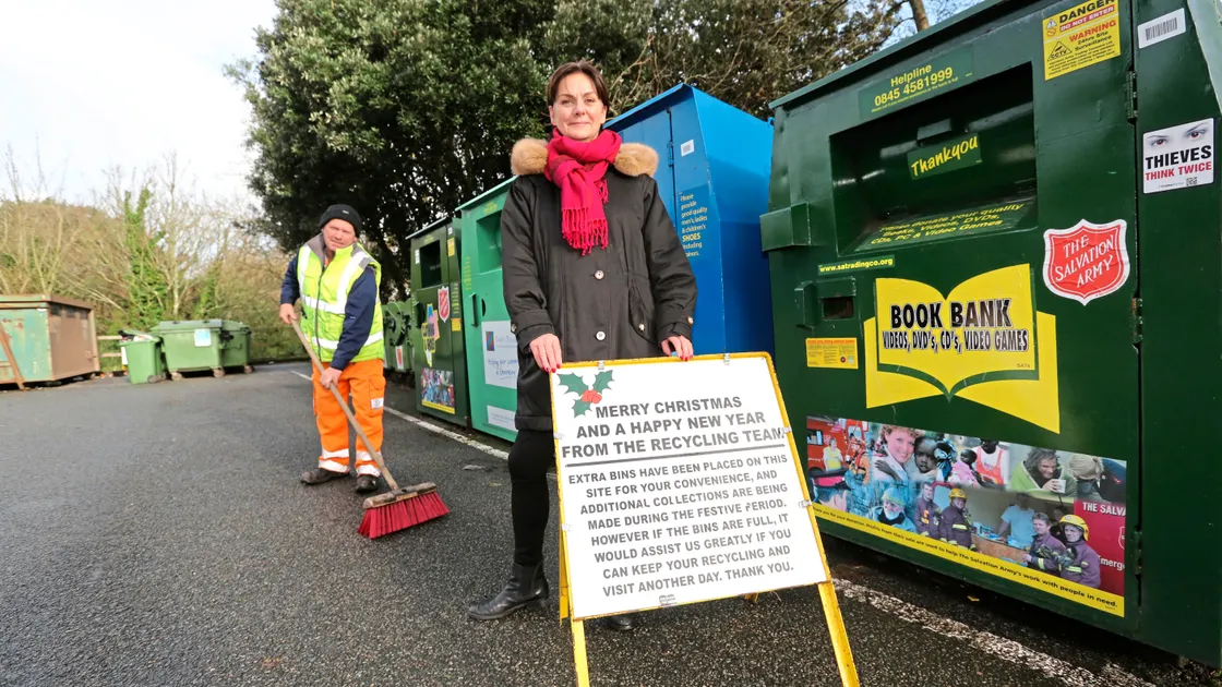 States recycling officer Tina Norman-Ross at a tidy bring bank site. In the background is Charlie Haines from States Works. Tomorrow is set to be the busiest day for fly-tipping and Mrs Norman-Ross is urging people to dispose of rubbish legally. 		      (Picture by Adrian Miller, 20291102)