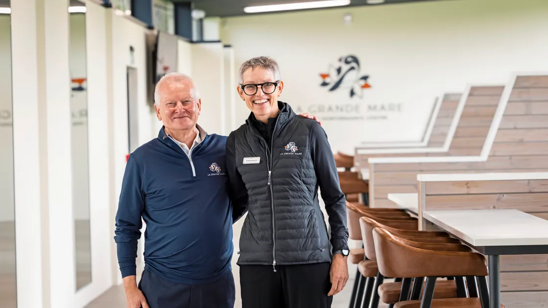 La Grande Mare owner Steve Lansdown with golf performance director Susan Shapcott