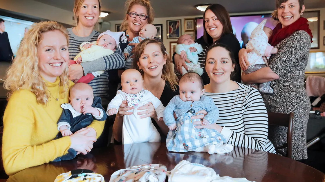 Front, left to right, Antonia Thomas with Louis, Ela Ostrowska with Lili and Liz Wylie with Isabella. Back row: Rachel Skinner with Elsie, Anita Davies, NCT new parent support coordinator with Max (a doll), Katie Nichols with Maddie and Jo Willacy with Tulip.                                                                        (Picture by Peter Frankland, 20595218)