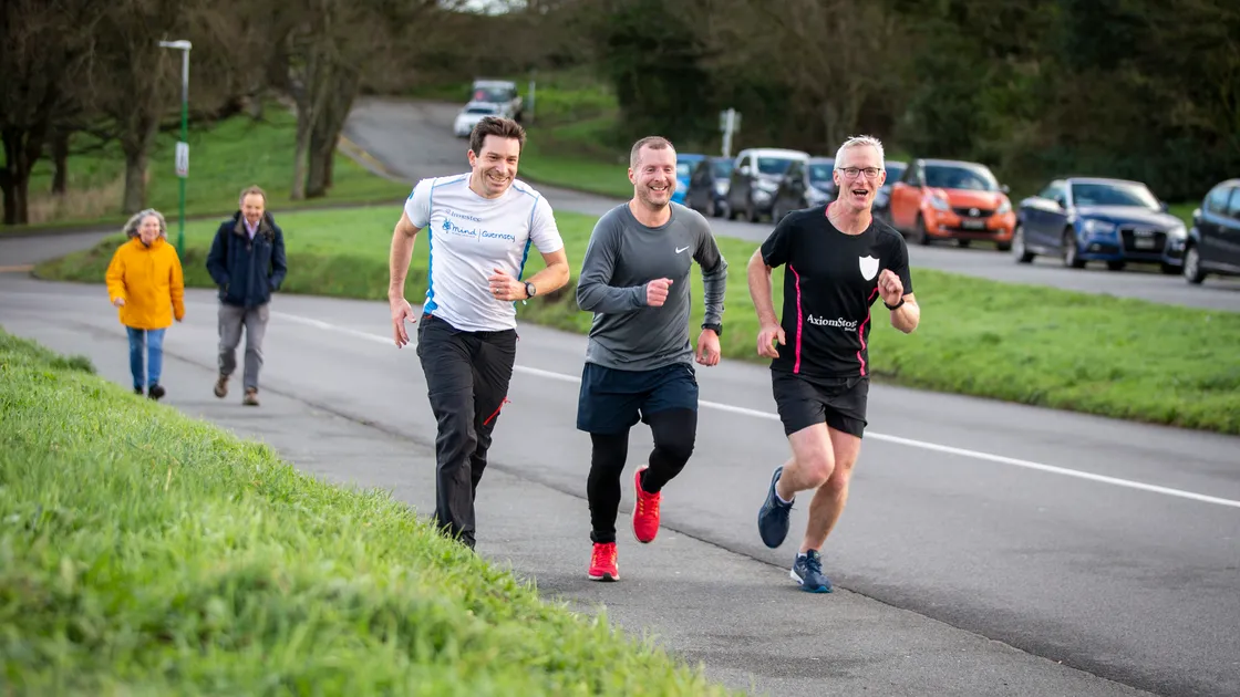 From left, Rupert Iles, Derek Beatty and Richard Harrington have been taking part in the Everest Challenge by running up Le Val des Terres. (Picture by Luke Le Prevost, 31685740)