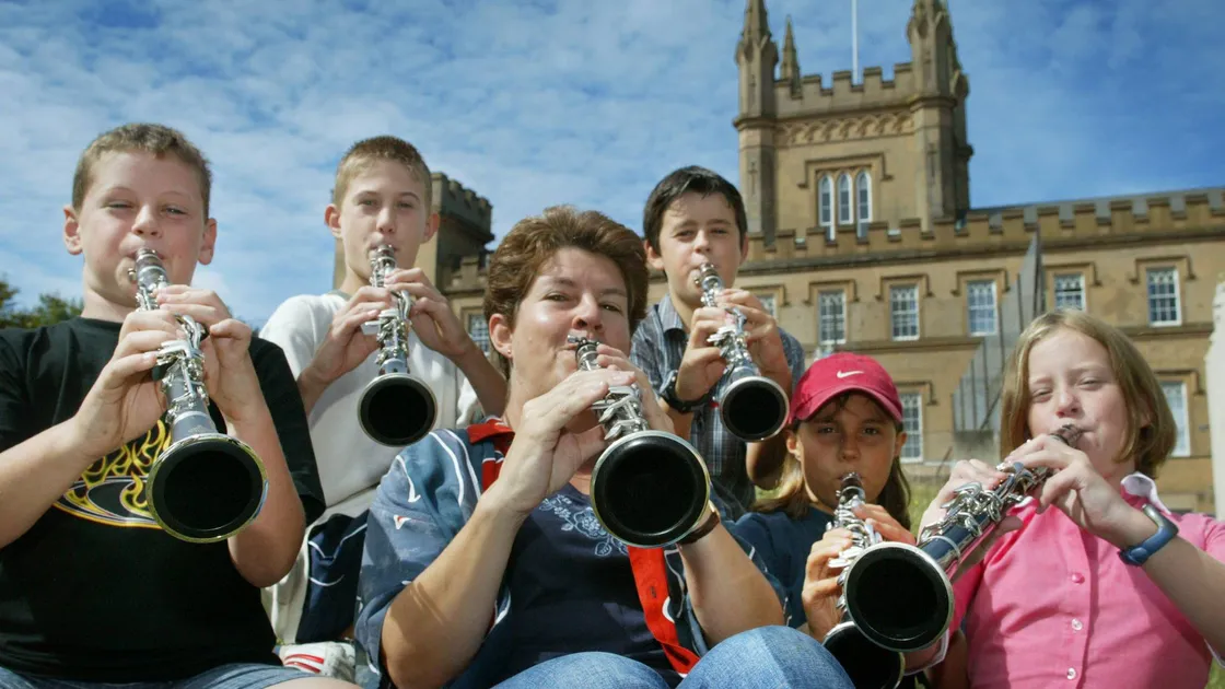 Back in 2003: From left to right, Matthew McKenna, Jac Lindley, Remi Leroy, Lucy Morris and Robyn Lezard, with tutor Claire Claxton, who attended the first summer course as a student.