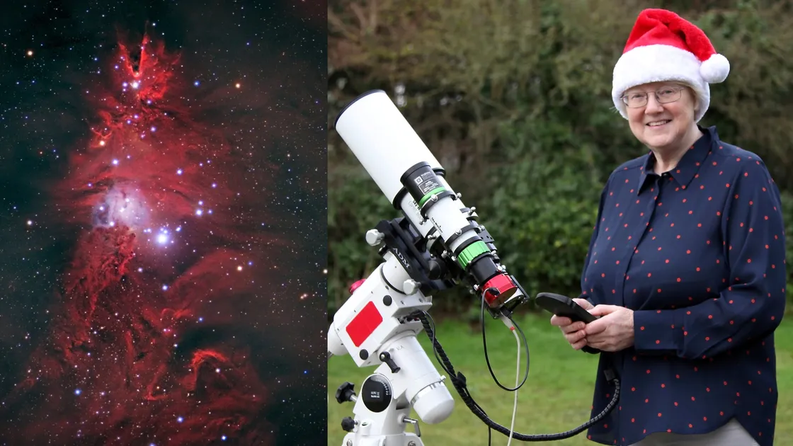Dr Jean Dean in her back garden with an image of a tree-shaped nebula, left, called the Christmas Tree Cluster, which is 2,600 light years from Earth. Dr Dean, a member of La Societe Guernesiaise’s astronomy section, had to wait out in the cold for more than five hours to capture the shot.