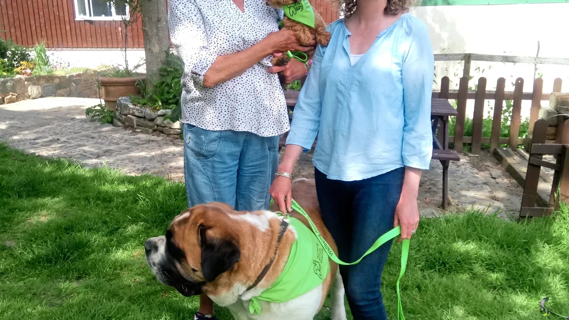 Wendy Marshall, left with Martha the Daschund, and Bridget Rogers and Martha the St Bernard. (Picture by Danielle Kenneally, 24730011)