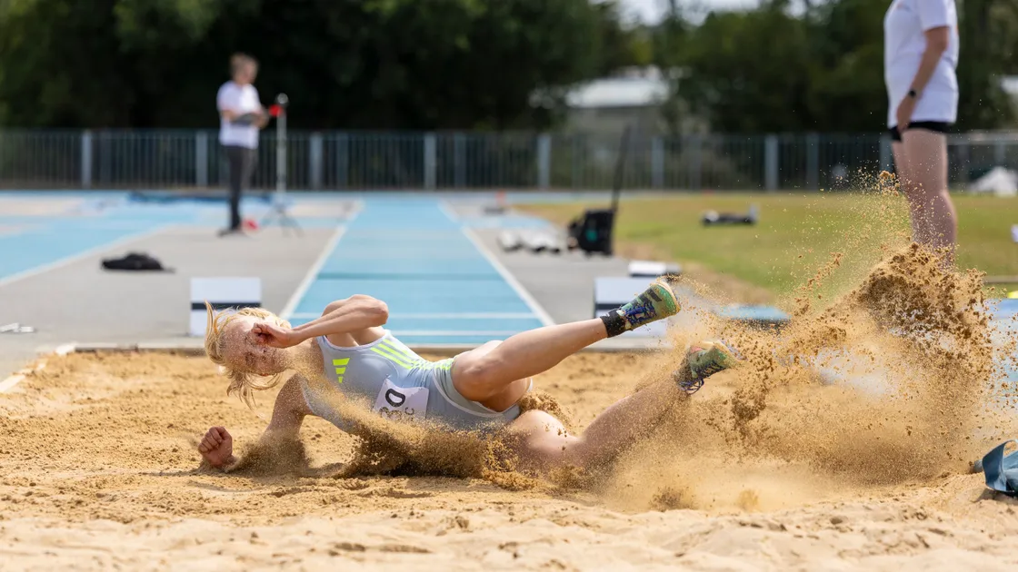 Abi Galpin making a splash on Sunday at Footes Lane where she broke the 6m barrier for the long jump for the first time.