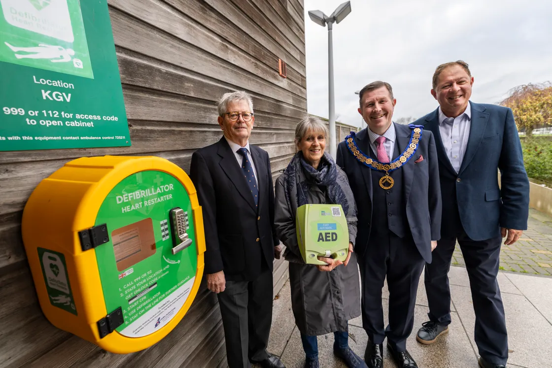 Simon Hamon (third from left), deputy head of Freemasons in Guernsey and Alderney, at a charitable presentation at the KGV.