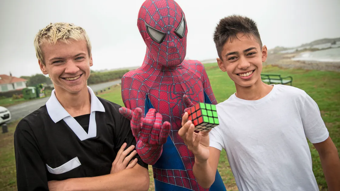 Nice work if you can get it: Three teenagers with interesting summer jobs are referee Jake Bradley, 15, ‘Spider-man’ Mattieu Mayer, 17, and magician Louis Kennedy, 15.  (Picture by Peter Frankland, 22298446)