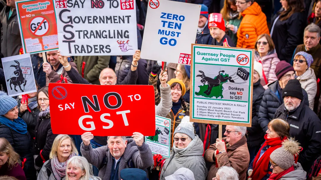 An anti-GST rally was held in town ahead of the States rejecting the introduction of the new tax in 2023. The Assembly would go on to approve preparatory work on a ‘GST-plus’ tax package the following year. 
