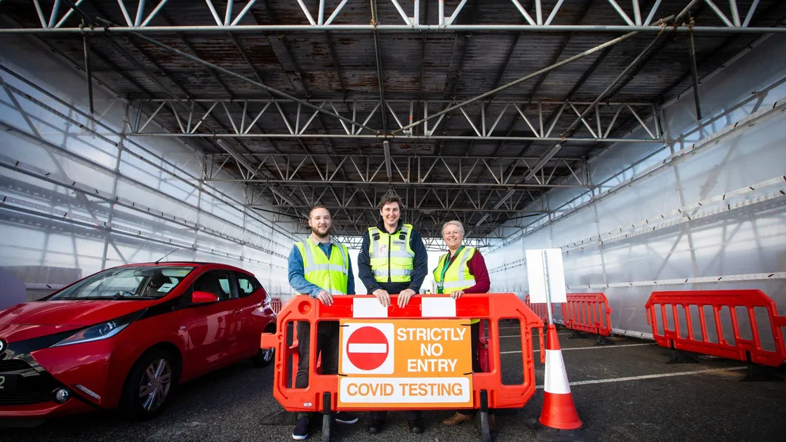 There are Covid-19 testing centres at the harbour and the airport with testing being carried out. Pictured at the harbour yesterday are, left to right, Bart Symons, business continuity officer; Rebecca Falla, surveyor, Guernsey Border Agency; and Isabel De Menezes, project manager for customer care. (Picture by Peter Frankland, 28802888)