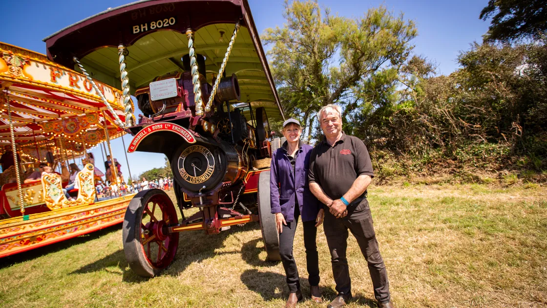 Sarah Marsh and Jim Marsh with their engine. (32395768)