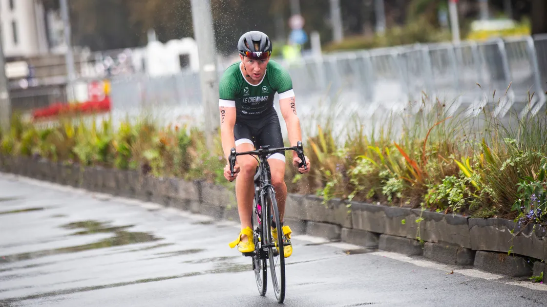 Thierry Le Cheminant, pictured in the home Island Games triathlon relay, is now breaking records in cycling.
