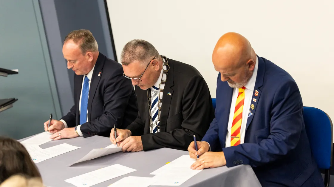 Deputy Lyndon Trott and Deputy Jonathan Le Tocq with mayor of Biberach Norbert Zeidler.