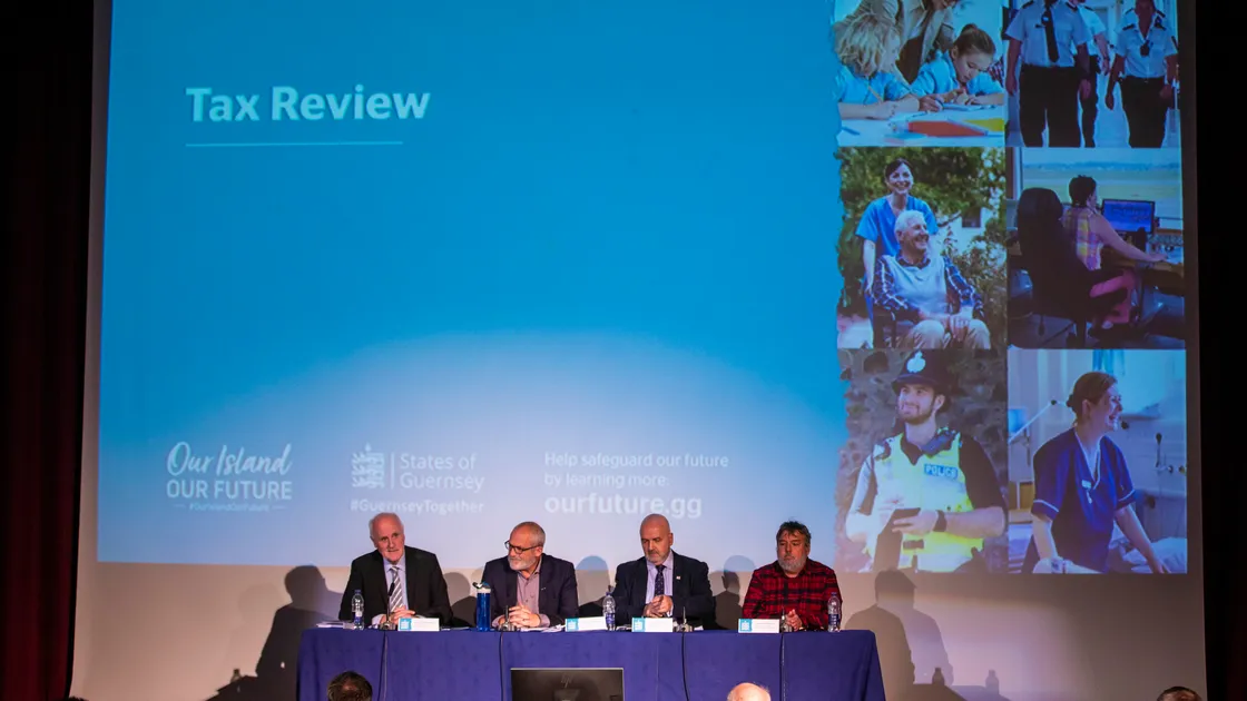 The last time the States presented on the tax proposals at Les Beaucamps School in November. Left to right, Peter Ferbrache, Dave Mahoney, Jonathan Le Tocq and Peter Roffey. 		 (31643295)
