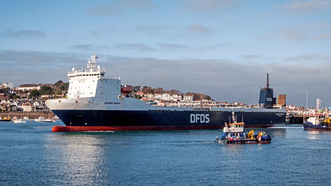 The berthing trial of the DFDS Finlandia Seaways in St Peter Port involved a number of other vessels, including the workboat Sarnia and the Ports of Jersey tug Duchess. (Pictures by Luke Le Prevost, 32808126)