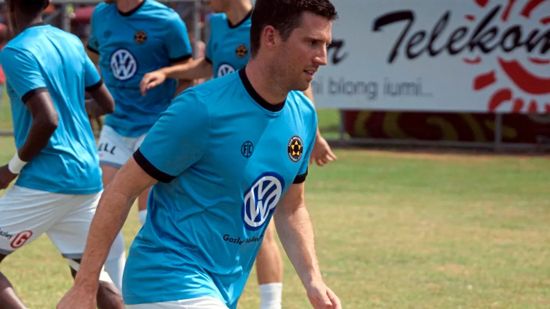 Ross Allen warming up ahead of Team Wellington's opening OFC Champions League group D game with hosts Marist FC. (Picture: Team Wellington)