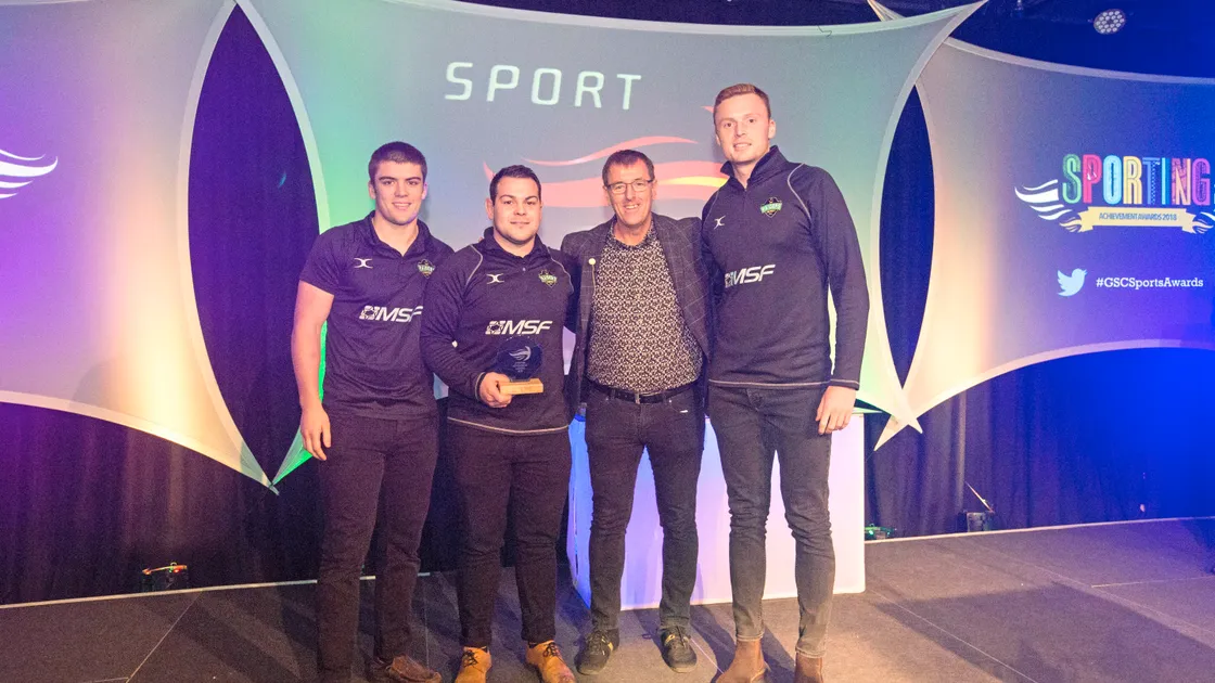 Excused training: While the vast majority of the Raiders squad were training in the cold and dark of Footes Lane ahead of tomorrow's game at Redruth, Tom Ceillam, Will Creber and Anthony Armstrong were in the warm of Beau Sejour to receive the team of the year trophy from guest Matt Le Tissier at the Guernsey Sports Commission Sporting Achievement of the Year awards.  (Picture by Adrian Miller, 23579441)