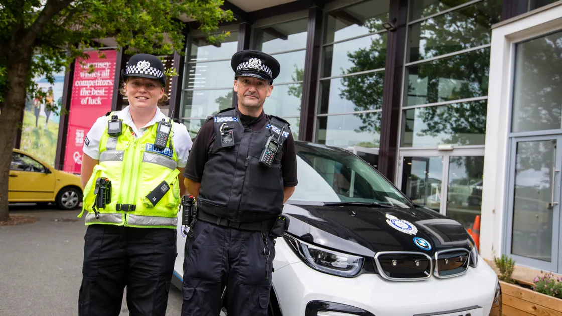 Guernsey Police officers are prepared and looking forward to the Island Games 2023. Police constables Lindsey Bell and Ricky Ferbrache at Beau Sejour. (Picture by Luke Le Prevost, 32272585)