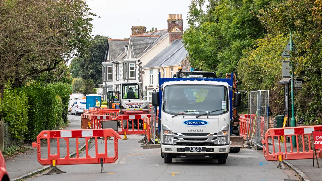 Roadworks at L’Aumone while Guernsey Water works on the manhole covers and chambers