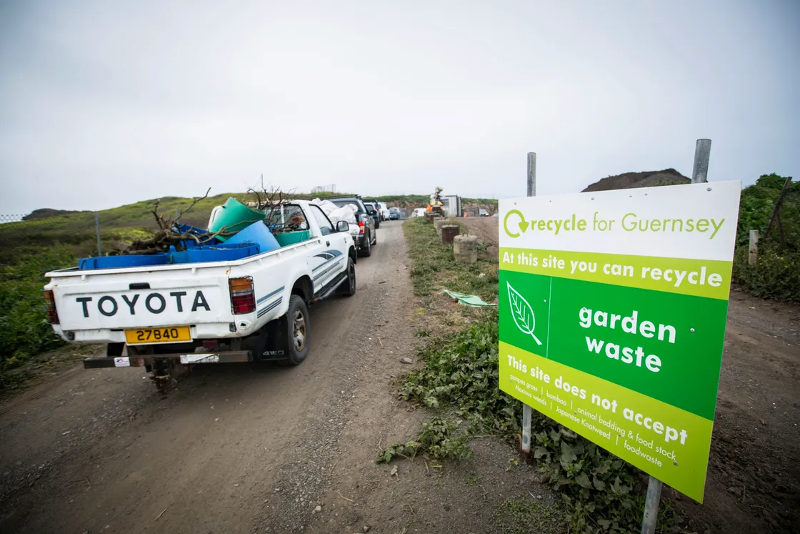 Picture by Sophie Rabey.  27-04-20.  Green Waste sites are back open today to the public today after Coronavirus Lockdown.  They are running at reduced opening hours and subject to health and safety restricions.  Chouet green waste site - backed up traffic from 8am this morning.. (28163343)