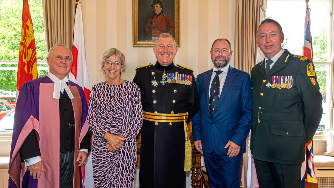 The four local people whose honours were processed through Government House were feted there yesterday. Left to right: Jurat David Robilliard, Marguerite Talmage, Lt-Governor Lt General Richard Cripwell, Jo Reeve and chief ambulance officer Mark Mapp. (Picture by Chris George Photography)