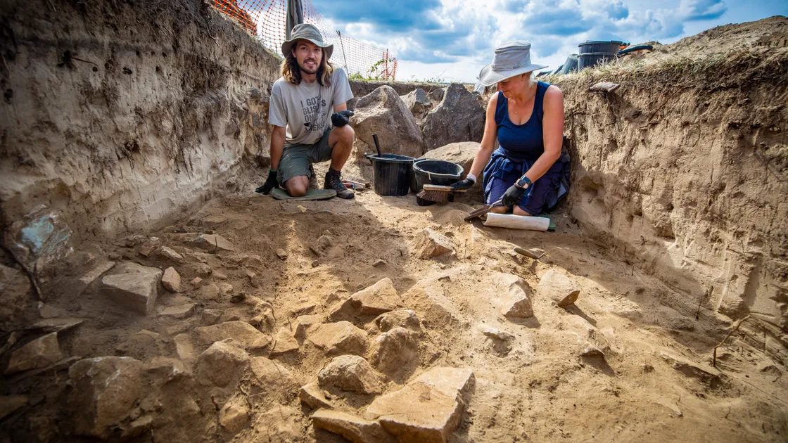 Archaeologists Jack Torode and Juliette Christian pictured working on the site. (Picture by Sophie Rabey, 31285374)