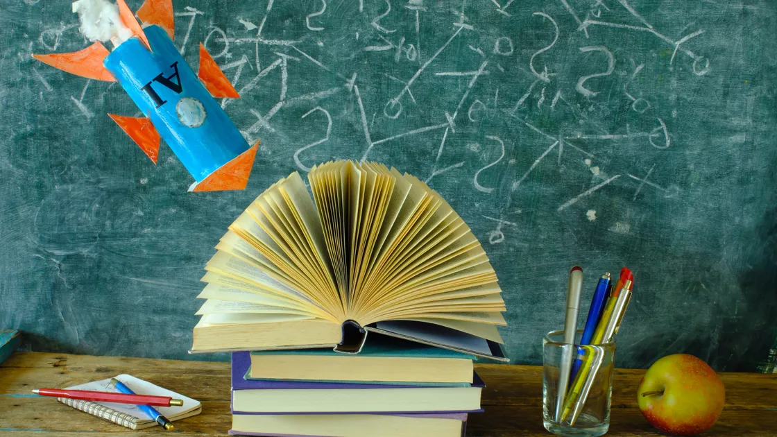 danger of artificial intelligence for education,knowledge and learning concept with books and school blackboard (32299657)