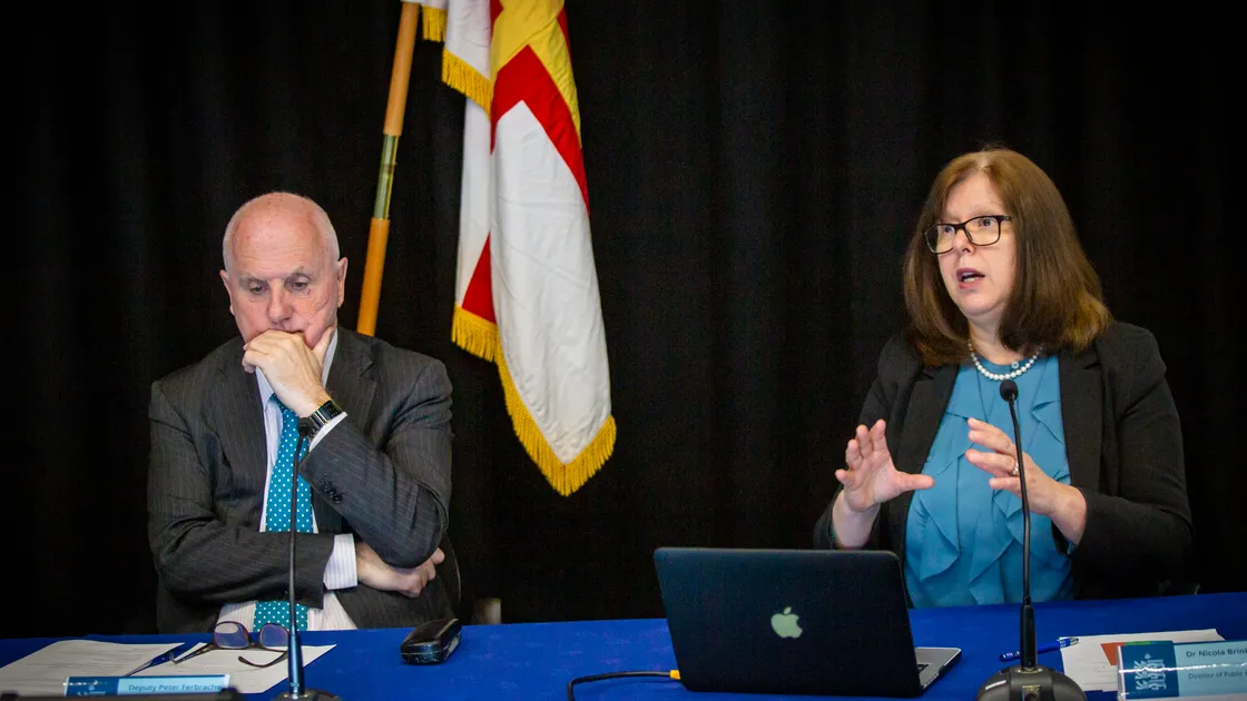 Deputy Peter Ferbrache at a Covid-19 press conference with Dr Nicola Brink in April 2021. (Picture by Sophie Rabey, 4750779)