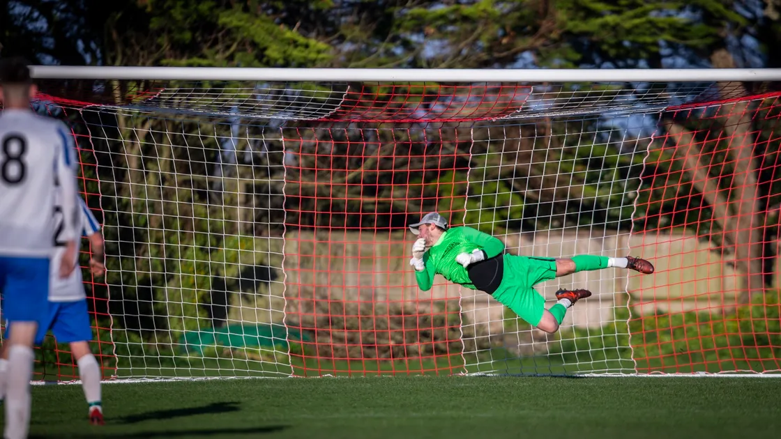 Bels goalkeeper Leroi Riley is unable to prevent Sylvans from scoring at St Peter's on Saturday. (Picture by Sophie Rabey, 30325503)