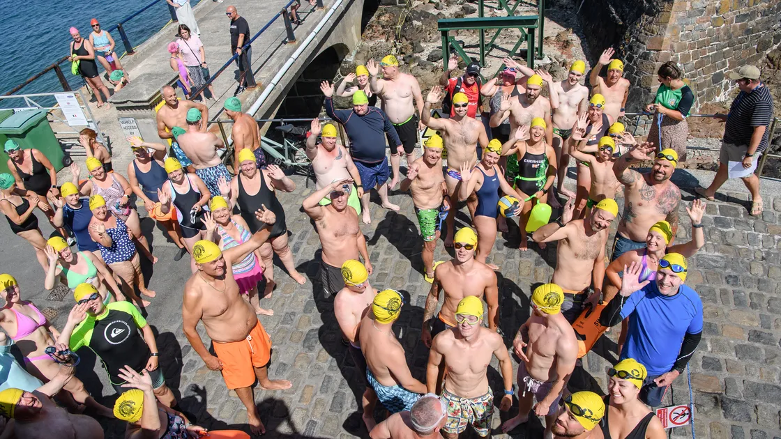 A group about to set off from the Castle Cornet slipway for this year’s Castle Swim.