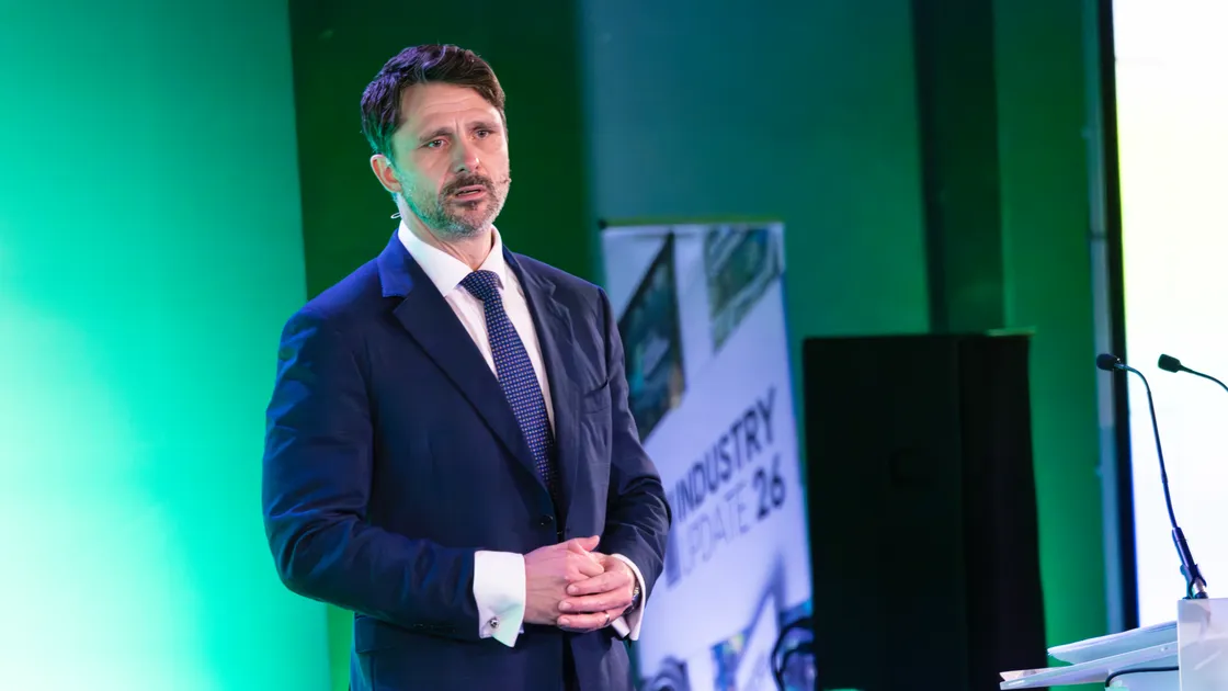 Guernsey Finance chief executive Barnaby Molloy on stage at the agency’s annual update last month.
